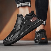 cheap Ankle Boots-Men's Brown Handmade Faux Leather Moccasin Shoes with Side Zipper and Non-Slip Sole, Comfortable Casual Loafers for Outdoor and Driving