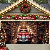 זול כיסויי דלתות מוסך חג המולד-כיסוי לדלת מוסך לחג המולד, בית סנטה קלאוס, רקע תלייה גדול, 2 מכוניות, קישוט מסיבת חג חיצוני, הדפס שטוח דו-ממדי, באנר קיר חגיגי, חצר בית, רקע סצנת חג המולד, 7*8 רגל