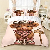 baratos Conjuntos de capa de edredão-Conjunto de capa de edredom de 3 peças com estampa de vaca das terras altas e flores fofas para cama grande, capa de edredom curta e macia com 2 fronhas – roupa de cama para quarto de hotel,