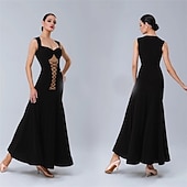 Недорогие Соревновательная одежда-Женское платье для бальных танцев, черное, со шнуровкой и сетчатым эффектом спереди, элегантное, для выступлений в стиле танго, румбы и вальса