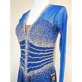 cheap Competition Dress-Women's Ballroom Dance Dress Royal Blue Crystal Rhinestone Long Sleeve Waltz Foxtrot Quickstep Competition Performance Gown