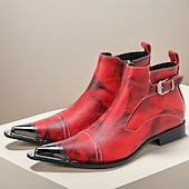 cheap Men&#039;s Christmas Shoes-Men&#039;s Red Leather Boots with Buckle Detail and Pointed Toe – Perfect for Christmas Gatherings and Festive Events