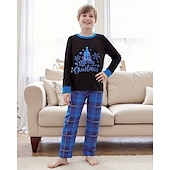 cheap Holiday Family Matching-Family Christmas Christmas Family Pajamas Pajamas Family Sets Graphic Plaid Snowflake Home Print Blue Long Sleeve Daily Matching Outfits