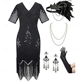 お買い得  1920年代のドレス-セット 20代の轟音 1920年代風 膝丈 フラップワンピース 二次会ドレス / カクテルドレス ファンシーコスチューム アクセサリー付き 半袖 グレートギャツビー フラッパーガール スパンコール タッセル Ｖネック 仮装 女性用 クリスマス 新年 パーティー スピークイージー マスカレード 成人 ドレス グローブ イヤリング