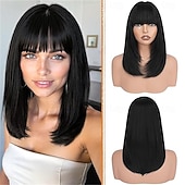 Недорогие Парик из искусственных волос без шапочки-основы-Парики из светлых волос боб с челкой, длиной до плеч, прямые, естественно выглядящие, синтетические, термостойкие, средние, для женщин, на каждый день, для вечеринок, 16 дюймов, платиновый блонд