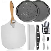 preiswerte Küchenset-7-teiliges Pizzablech mit Holzgriff Pizza mit Thermohandschuhen Langschneider Pizzabackset
