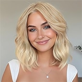 Недорогие Парик из искусственных волос без шапочки-основы-Женский парик карамельно-коричневого цвета длиной 14 дюймов с мелированием — волнистый парик длиной до плеч с предварительно выстриженными волосами на кружеве, пробор посередине, натуральный волнистый