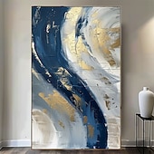 economico Quadri astratti-dipinto a olio fatto a mano su tela, decorazione artistica da parete astratta blu dorato per la casa, soggiorno, camera da letto, decorazione con cornice allungata, dipinto appeso/dipinto arrotolato