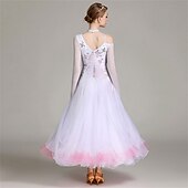 economico Abbigliamento da Competizione-abito da ballo da sala da donna, elegante abito da competizione in tulle a strati con strass floreali sfumati, per valzer, tango, foxtrot – bianco e rosa
