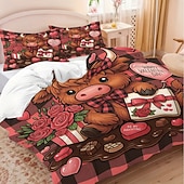 baratos Conjuntos de capa de edredão-Conjunto de capa de edredom de 3 peças com estampa de vaca das terras altas e flores fofas para cama grande, capa de edredom curta e macia com 2 fronhas – roupa de cama para quarto de hotel,