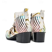 halpa Ensiluokkaiset nahkasaappaat-Miesten valkoiset abstraktin raidalliset nahkaiset cowboy-saappaat vetoketjulla ja metallisella kärjellä, 100% naudannahasta valmistetut taiteelliset nilkkurit lavalle ja tapahtumiin