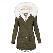 preiswerte Winter Parka-Damen Wintermantel Kunstpelzmantel Kapuzenjacke Warm Bequem Fellbesatz Reißverschluss Tasche Knöpfe Lässig Einfach Outdoor Urlaub Alltagskleidung Ausgehen Lang Mit Kapuze Normale Passform Langarm