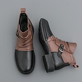 baratos Botas de trabalho-Botas masculinas de couro sintético bicolor, pretas e marrons, com tira de fivela lateral e design de gáspea dobrada, botas vintage feitas à mão para amantes da moda retrô