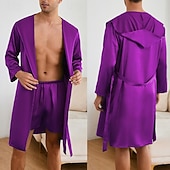 cheap Men&#039;s Robes-Men&#039;s Pajamas Silk Robe Sleepwear Pajama Set 1 set Plain Fashion Stylish Classic Home Daily Bed Polyester Comfort Soft Hoodie Long Sleeve Belt Included Summer Spring Lake Blue Champagne
