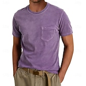 billiga grundläggande t-shirts-Herr T-shirt Tvätta skjorta i 100 % bomull Kortärmad Rund hals Sommar Vår Alla årstider Ensfärgat Elegant Vintage Neutral Ficka Crewneck Urblekt Ledigt Hem Utomhus Ljusblå Aprikos Svart Topp t-shirt