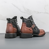baratos Botas de trabalho-Botas masculinas de couro sintético bicolor, pretas e marrons, com tira de fivela lateral e design de gáspea dobrada, botas vintage feitas à mão para amantes da moda retrô