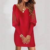 abordables Vestidos de encaje blanco-Mujer Mini vestido Vestido negro Vestido de encaje Moda Moderno Manga Farol Diario Oficina Vacaciones Ajuste regular Plano Manga Larga Escote en Pico Negro Blanco Rojo Primavera Otoño