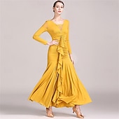 preiswerte Standard-Tanzsaal-grünes Gesellschaftstanzkleid mit langen Ärmeln, gerüschten Details und Rüschenrock für eleganten Latein &amp;Ballsaalaufführung