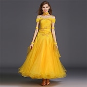 Недорогие Стандартный бальный зал-женское платье для бальных танцев, ярко-розовое, с цветочной аппликацией из страз, многослойной органзы, элегантное, для выступлений на соревнованиях по вальсу, танго, фокстроту