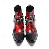 olcso Férfi karácsonyi cipők-Férfi piros és fekete lángmintás bőr bokacsizma láncpánttal és fém részletekkel, 100% marhabőr western csizma rockkoncertekre és bulikra