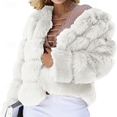 billiga Pälsar och Läder-Dam Vinterkappa Fuskpälskappa Håller värmen Bekväm Beskuren Pälsar och läder Mode Ledigt Slät Semester Gata Ledigt Dagliga kläder Normal Rund halsringning Normal Långärmad Ytterkläder Svart Vit