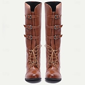 cheap Riding Boots-Brown Faux Leather Men's Lace-Up Boots with Buckle Detail – Trendy and Functional Boots for Fall and Winter Adventures