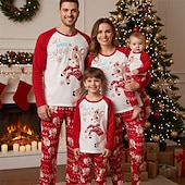 お買い得  子供のクリスマスパジャマ-ファミリールック クリスマス クリスマスファミリーパジャマ パジャマ ファミリーセット グラフィック しか 家 プリント ルビーレッド 長袖 日常 マッチング衣装