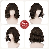 levne Syntetické trendy paruky-Krátká vlnitá paruka s hnědým melírem - 30 cm bob paruka s ofinou pro ženy, kudrnatá bob paruka po ramena s ofinou, měkké syntetické vlasy, paruky pro dívky, denní nošení, párty