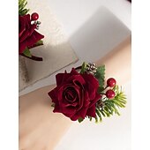 preiswerte Hochzeit ACC-Weihnachts-Ansteckblume und Boutonniere-Set mit roten Rosen für Damen, elegantes florales Armband und Anstecknadel mit Tannenzapfen &amp;Beeren für die Weihnachtsfeier &amp;Winterhochzeit