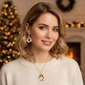 baratos Colar Feminino-conjunto de joias de guirlanda de Natal – colar e brincos vermelhos e verdes com design de laço para mulheres