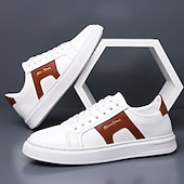 abordables Zapatillas Informales-Zapatillas casuales de piel sintética blanca para hombre con panel de acento marrón y diseño con cordones, zapatos de calle cómodos para atuendos urbanos y deportivos diarios.