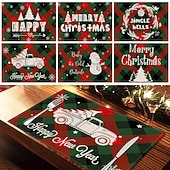 baratos Placemats &amp; Coasters &amp; Trivets-6 peças de floco de neve vermelho de natal &amp;Jogo americano de boneco de neve de árvore de Natal resistente ao calor, jogos americanos quadrados de linho para decoração de mesa de sala de jantar,