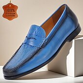 preiswerte Loafer aus hochwertigem Leder-Herren-Slipper aus blauem Echtleder mit glatter Oberfläche – elegantes Schuhwerk fürs Büro und legere Anlässe