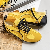 baratos Tênis Casuais-Tênis casual masculino amarelo e preto com design de malha respirável, calçado leve e antiderrapante para caminhadas ao ar livre, viagens e estilo cotidiano