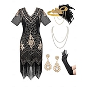 abordables Vestidos de los años 20-Set Roaring 20s 1920s Flapper Dress Cocktail Dress with Accessories The Great Gatsby Flapper Girl Sequins Tassel Fringe Tassel Fringe Sequins Fancy Dress Women's Fancy Dress New Year speakeasy Retro