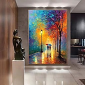 tanie Pejzaże-prezent świąteczny ręcznie malowany obraz olejny kolorowy spacer po mieście malarstwo na płótnie romantyczna para sztuka abstrakcyjne płótno deszczowe światła uliczne dekoracja ścienna nowoczesny