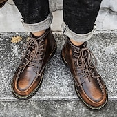 baratos Botas de combate-Botas de trabalho masculinas de couro bordô com cadarço, botas de combate vintage casuais de cano curto, duráveis para atividades ao ar livre &amp;sapatos de uso diário
