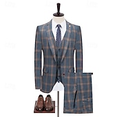 cheap Business Suits-Men's Business Suits Casual Dusty Blue Spring Suit Notch Lapel Daily Formal Plaid Slim Fit 3 Piece Single Breasted Two-buttons