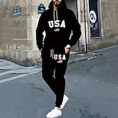 olcso sportos öltözetek-Függetlenség napja Amerikai függetlenség napja Férfi Futóruha Polár melegítő szettek Zsinór Szöveg Ruházat Ősz &amp; tél Fekete Fekete / Fehér Edzés Utazás Sportok Meleg Hosszú ujj Sport Sportruházat