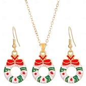 baratos Colar Feminino-conjunto de joias de guirlanda de Natal – colar e brincos vermelhos e verdes com design de laço para mulheres