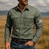 preiswerte Westernhemden für Herren-Herren Mit Buchstaben bedruckt Arrow 1776 Arbeitshemd Westernhemd Cargohemd Langarm Taktisch Vintage-Retro Sport im Freien Arbeitskleidung Frühling Herbst Umlegekragen Zwei Fronttaschen Hemden mit