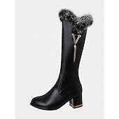  Γυναικείες μαύρες μπότες μέχρι το γόνατο με διακοσμητικά από ψεύτικη γούνα και μαργαριτάρι, ζεστές χειμωνιάτικες μπότες μόδας για τα Χριστούγεννα &ρούχα για κρύο καιρό