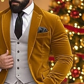 baratos blazer de festa-Blazer masculino de veludo com fecho de colarinho, moda natalina para festa, cor sólida, amarelo, vermelho, verde, ajuste padrão, abotoamento simples, um botão
