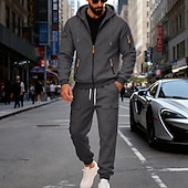 preiswerte Tute basic-Men's Tracksuit Outfit Set Hoodies Set Hoodie Outdoor Daily Sports Drawstring Zip Up Pocket Plain Black Navy Blue Brown Polyester Activewear Fashion Streetwear Fall