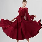 economico Abbigliamento da Competizione-abito da ballo da sala da donna in chiffon drappeggiato, manica lunga, elegante abito da competizione per valzer, tango, foxtrot – rosso vino