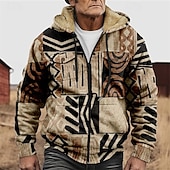 cheap Geometric Pattern-Men's Graphic Hoodie Jacket Fashion Ethnic Casual Long Sleeve Hooded Outdoor Sports Outdoor Going out Light Brown Dark orange Red Orange Brown Pocket Print Fleece Winter Designer S M L XL 2XL 3XL