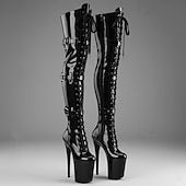 preiswerte Modische Stiefel-Overknee-Stiefel aus rotem Lackleder für Damen mit Plateausohle – Overknee-Stiefel mit Schnallenriemen und Stilettoabsatz für Clubwear, Cosplay und exotische Tanzauftritte