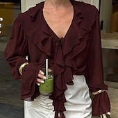 economico Bluse Eleganti-Per donna Elegant Top in raso Blusa Top in chiffon Arricciato Volant Patchwork Tinta unica Elegante Casual Spiaggia Manica Lunga Scollo a V Top Regolari Quotidiano Ferie Uscire Bianco Vino Primavera