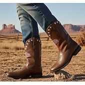 voordelige Cowboy &amp; Western Boots-Voor heren Laarzen Cowboy westernlaarzen Retro Vintage Casual Buiten Dagelijks PU Leder Comfortabel Anti-slip Warm Kuitlaarzen Instapper Bruin Zomer Lente Herfst