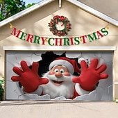 abordables Cubiertas navideñas para puertas de garaje-Cubierta de puerta de garaje navideña, Papá Noel atravesando la pared, gran fondo colgante para exteriores, pancarta de pared navideña, decoración festiva para patio, hogar, fiesta en 3D, escena